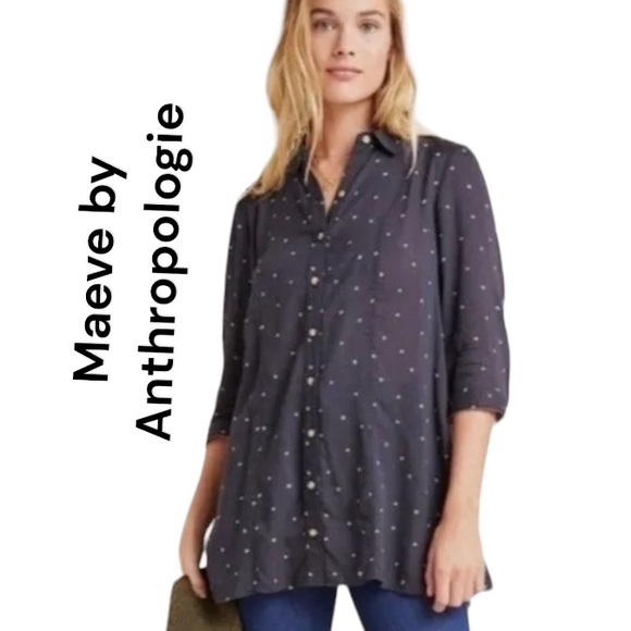Maeve by Anthropologie Tunic Button Down Blouse Sz XS Black & White Circles - Picture 2 of 15